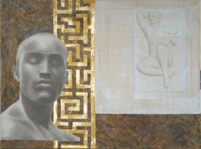 Acrylbild eines Männerkopfes, einer weiblichen Silouette und goldenen Mäandermustern, 
      inspiriert duch  die Legende von  Morpheus